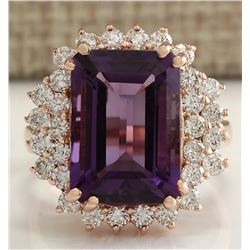 8.37 CTW Natural Amethyst And Diamond Ring In 18K Solid Rose Gold
