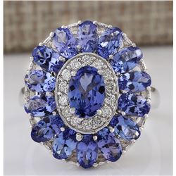 4.77 CTW Natural Tanzanite And Diamond Ring In 18K White Gold