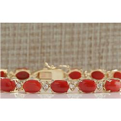 17.47 CTW Natural Red Coral And Diamond Bracelet In 18K Solid Yellow Gold