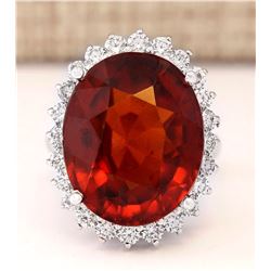19.59 CTW Natural Hessonite Garnet And Diamond Ring In 18K White Gold