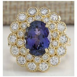 5.32 CTW Natural Blue Tanzanite And Diamond Ring In 18K Solid Yellow Gold