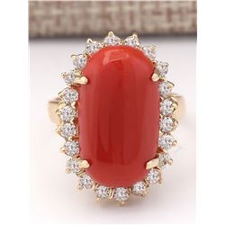 9.07 CTW Natural Coral And Diamond Ring In 18K Yellow Gold