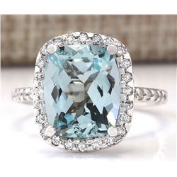 4.30 CTW Natural Aquamarine And Diamond Ring In 18K Solid White Gold