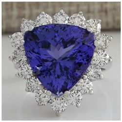 13.87 CTW Natural Blue Tanzanite And Diamond Ring 18K Solid White Gold