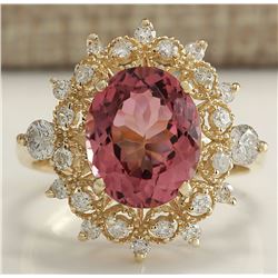 4.61 CTW Natural Pink Tourmaline And Diamond Ring 18K Solid Yellow Gold