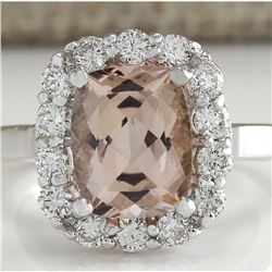 3.76 CTW Natural Peach Morganite And Diamond Ring In 18K Solid White Gold