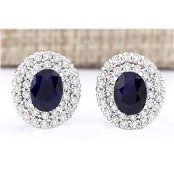 3.90 CTW Natural Sapphire And Diamond Earrings 18K Solid White Gold