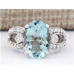 6.02 CTW Natural Aquamarine And Diamond Ring In 18K White Gold