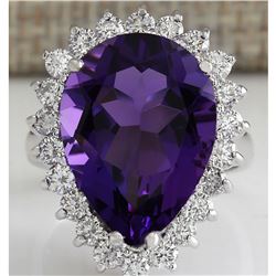 10.80 CTW Natural Amethyst And Diamond Ring In 18K Solid White Gold