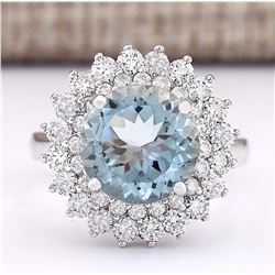 4.25 CTW Natural Aquamarine And Diamond Ring In 18K White Gold