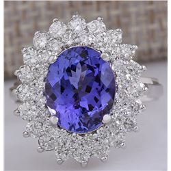 5.27 CTW Natural Blue Tanzanite And Diamond Ring 14K Solid White Gold