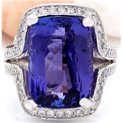 15.19 CTW Natural Tanzanite 18K Solid White Gold Diamond Ring