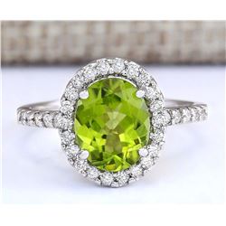 3.03 CTW Natural Peridot And Diamond Ring In 18K White Gold