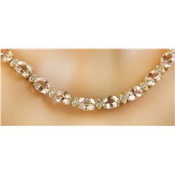 61.50 Carats Morganite 14K Yellow Gold Diamond Necklace