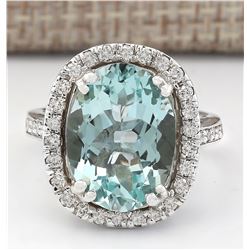 6.80 CTW Natural Aquamarine And Diamond Ring In 18K White Gold