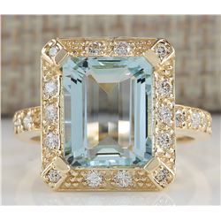 4.85 CTW Natural Aquamarine And Diamond Ring In 14K Yellow Gold