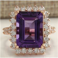 8.07 CTW Natural Amethyst And Diamond Ring In 14K Solid Rose Gold