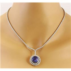 22.09 CTW Natural Tanzanite 18K Solid White Gold Diamond Necklace