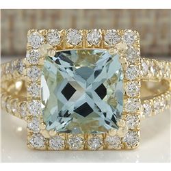 4.13 CTW Natural Aquamarine And Diamond Ring In 18K Solid Yellow Gold