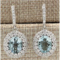 7.34 CTW Natural Aquamarine And Diamond Earrings 18K Solid White Gold