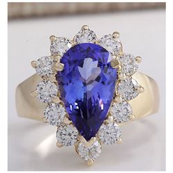 4.36 CTW Natural Blue Tanzanite And Diamond Ring 14K Solid Yellow Gold