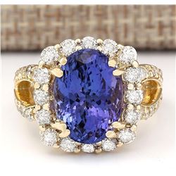 8.95 CTW Natural Tanzanite And Diamond Ring In 18K Yellow Gold