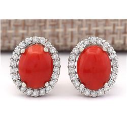 2.95 CTW Natural Coral And Diamond Earrings 18K Solid White Gold