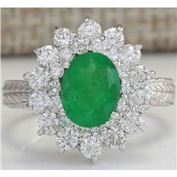 2.50 CTW Natural Emerald And Diamond Ring 18K Solid White Gold