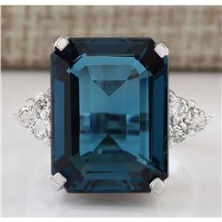 14.04 CTW Natural London Blue Topaz And Diamond Ring In18K Solid White Gold