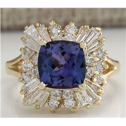 3.44 CTW Natural Blue Tanzanite And Diamond Ring 18K Solid Yellow Gold