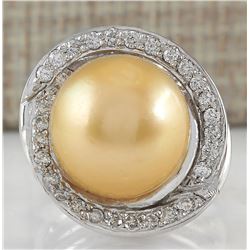 0.60 CTW Natural 13.47mm Gold South Sea Pearl Diamond Ring 14K White Gold