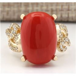 12.00 CTW Natural Coral And Diamond Ring In 18K Yellow Gold