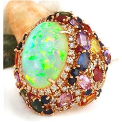 26.5 CTW Natural Opal, Sapphire 14K Solid Rose Gold Diamond Ring