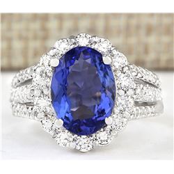 5.42 CTW Natural Blue Tanzanite And Diamond Ring 18K Solid White Gold