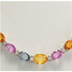 34.11 CTW Natural Ceylon Sapphire And Diamond Necklace In 14K White Gold