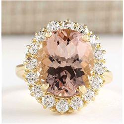 8.85 CTW Natural Morganite And Diamond Ring In 18K Solid Yellow Gold