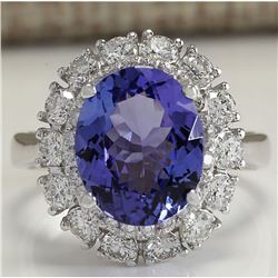 4.88 CTW Natural Blue Tanzanite And Diamond Ring 18K Solid White Gold