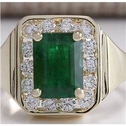 MENS 3.16 CTW Natural Emerald And Diamond Ring 18K Solid Yellow Gold