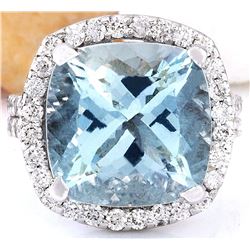 10.88 CTW Natural Aquamarine 18K Solid White Gold Diamond Ring