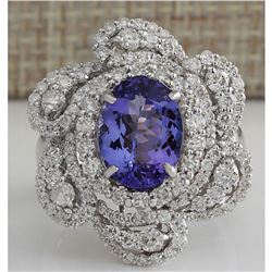 4.97 CTW Natural Tanzanite And Diamond Ring 18K Solid White Gold