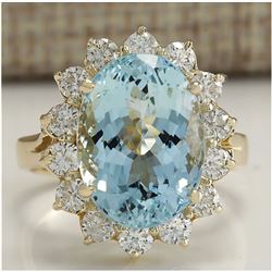 7.24 CTW Natural Aquamarine And Diamond Ring In 14K Solid Yellow Gold