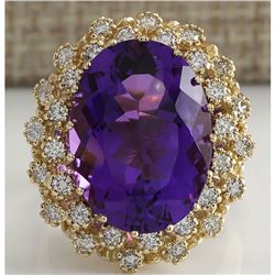 12.11 CTW Natural Amethyst And Diamond Ring In 18K Solid Yellow Gold