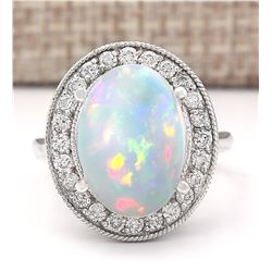 6.48 CTW Natural Opal And Diamond Ring In 14k White Gold