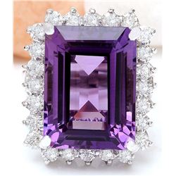 14.20 CTW Natural Amethyst 14K Solid White Gold Diamond Ring