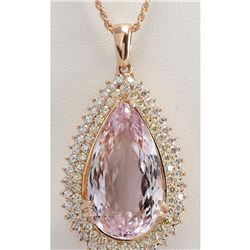 38.92 CTW Natural Kunzite And Diamond Pendant In 18K Solid Rose Gold