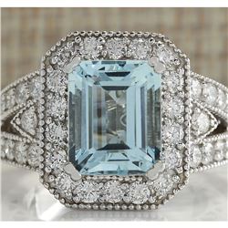 4.67 CTW Natural Aquamarine And Diamond Ring In 18K Solid White Gold