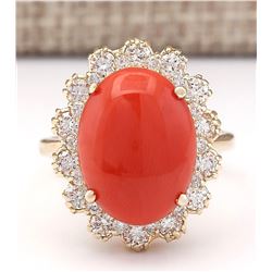 7.98 CTW Natural Coral And Diamond Ring In 14k Yellow Gold