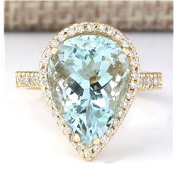 7.74 CTW Natural Blue Aquamarine And Diamond Ring In 18K Yellow Gold