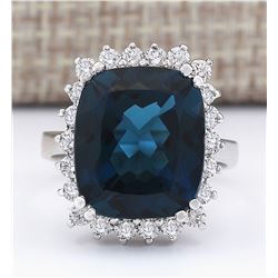 11.07 CTW Natural London Blue Topaz And Diamond Ring In18K Solid White Gold