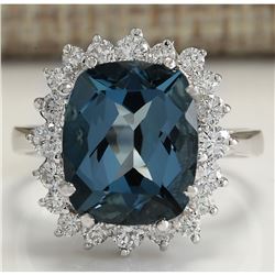 6.46CTW Natural London Blue Topaz And Diamond Ring In18K Solid White Gold